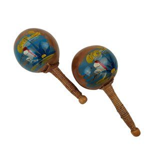 Mexico Maracas Music Maker Souvenir Wood Bird Painted Set Of 2
